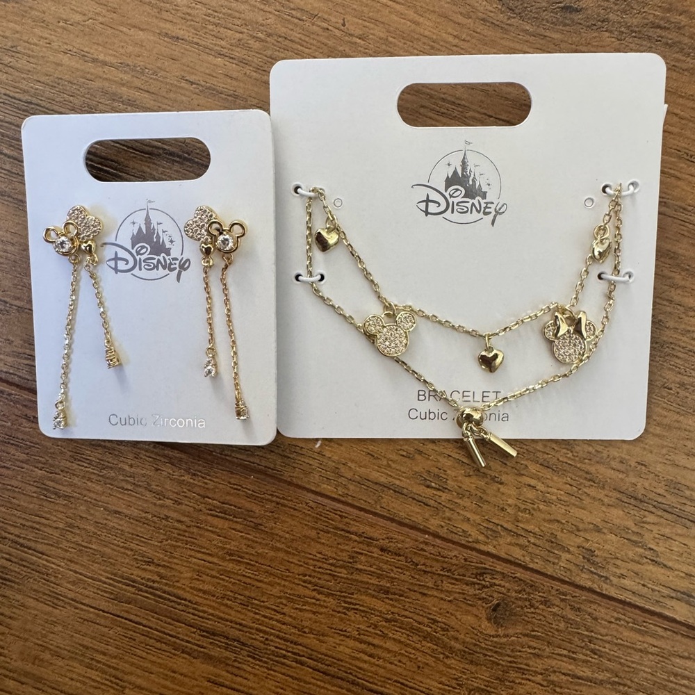Disney Parks Gold Cubic Zirconia Jewelry Set - Earrings and Bracelet
